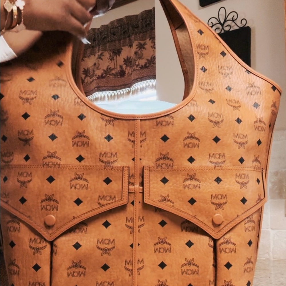 MCM Tan Visetos Tote Bag with Iconic Monogram
